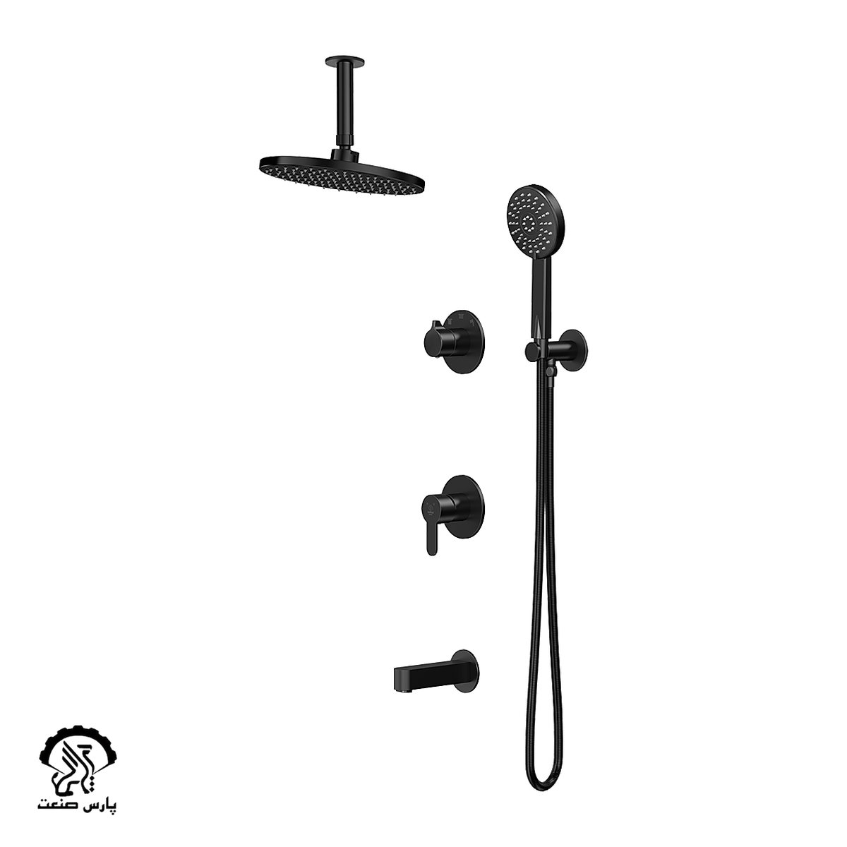kavian-faucet-black-built in-bathmixer-tenso ceiling shower head-golsa شیر حمام توکار کاویان مدل گلسا با سردوش سقفی مشکی - Image 1