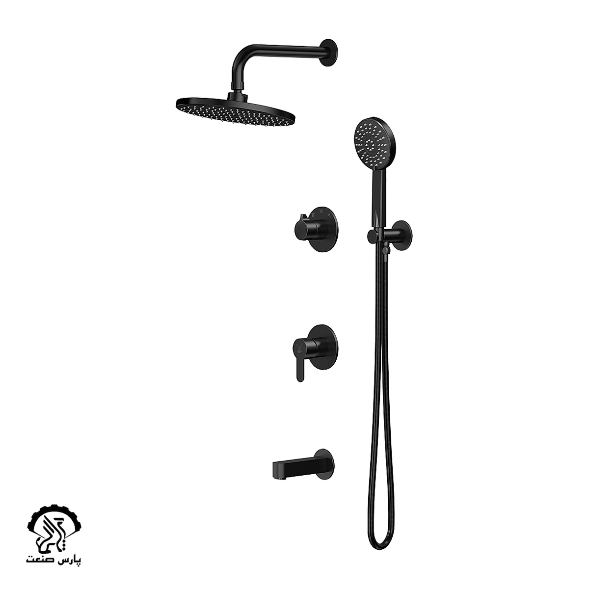 kavian-faucet-black-built in-bathmixer-tenso wallmounted shower head-golsa شیر حمام توکار کاویان مدل گلسا با سردوش دیواری مشکی - Image 1