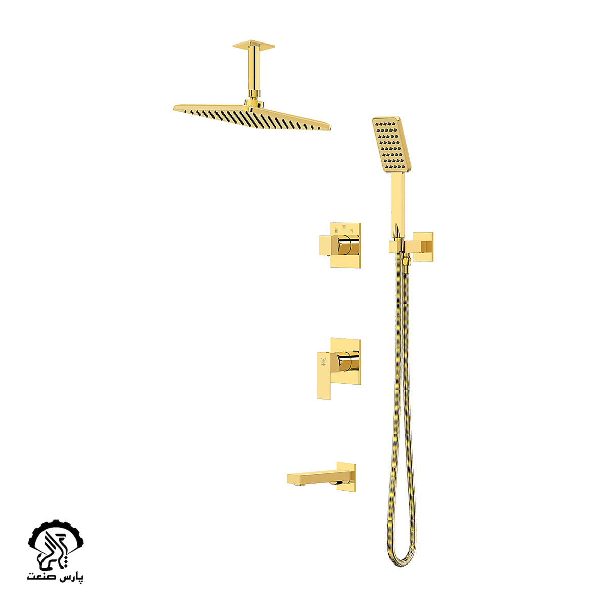 kavian-faucet-gold-built in-bathmixer-tenso ceiling shower head-noja شیر حمام توکار کاویان مدل نوژا با سردوش سقفی طلایی - Image 1