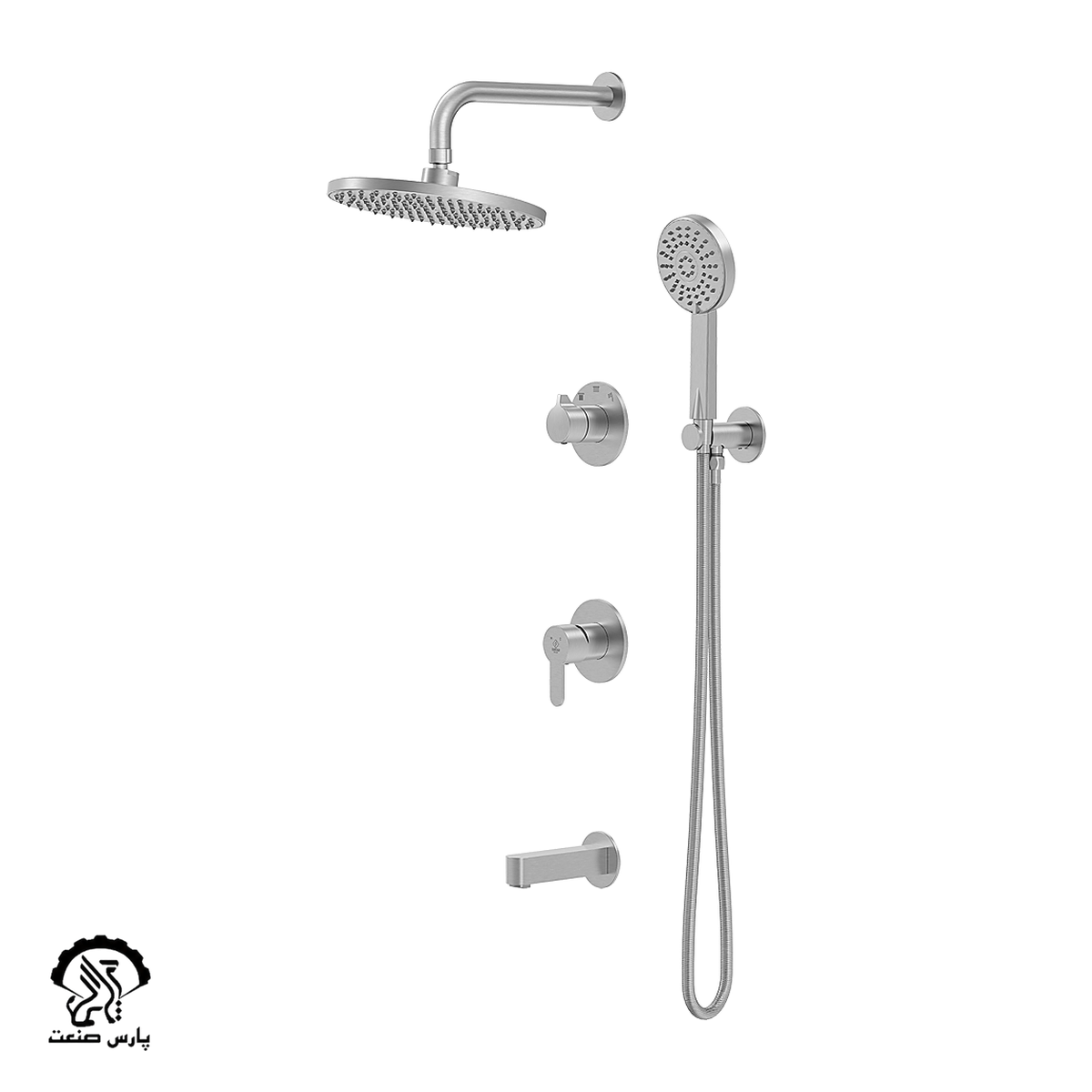 kavian-faucet-steel-built in-bathmixer-tenso wallmounted shower head-golsa شیر حمام توکار کاویان مدل گلسا با سردوش دیواری استیل - Image 1