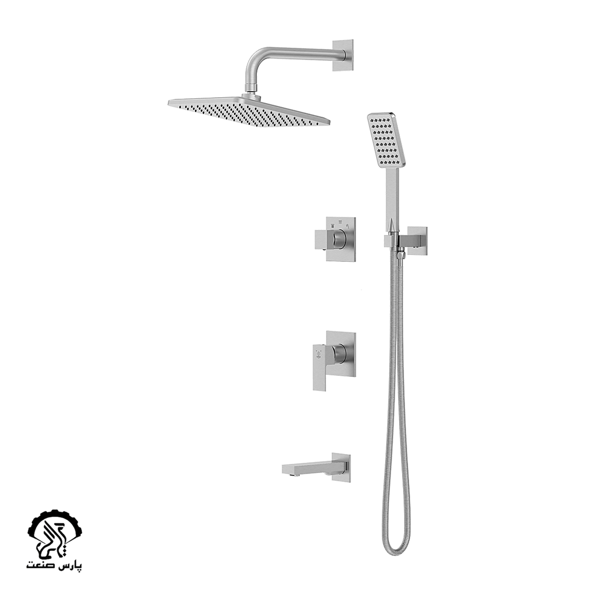 kavian-faucet-steel-built in-bathmixer-tenso wallmounted shower head-noja شیر حمام توکار کاویان مدل نوژا با سردوش دیواری استیل - Image 1