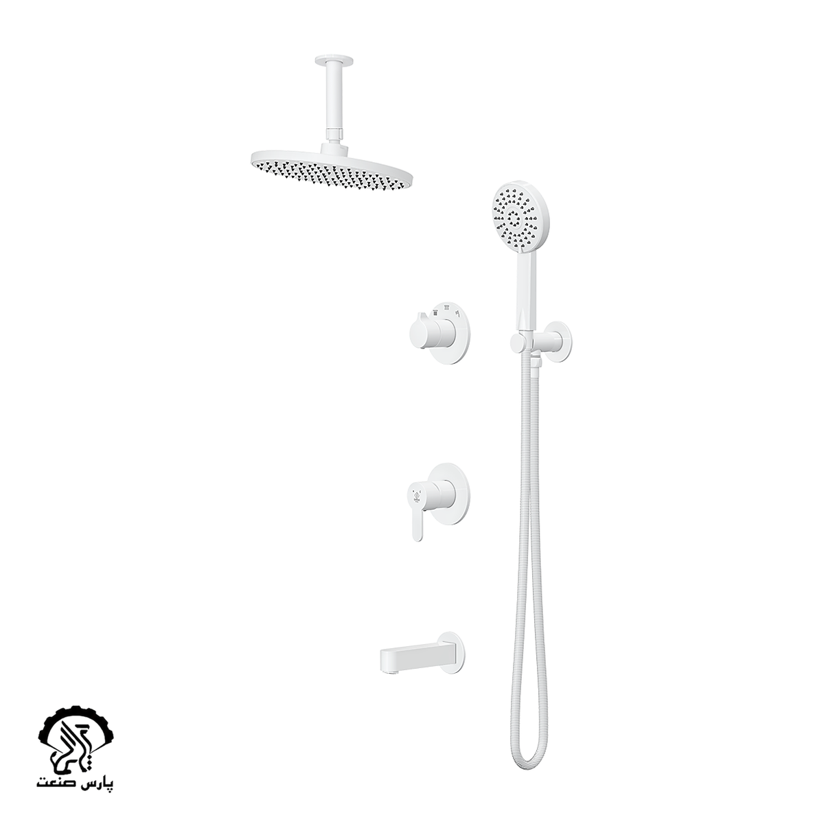 kavian-faucet-white-built in-bathmixer-tenso ceiling shower head-golsa شیر حمام توکار کاویان مدل گلسا با سردوش سقفی سفید - Image 1