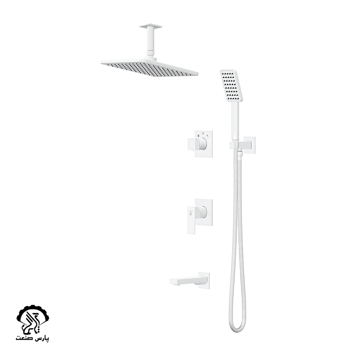 kavian-faucet-white-built in-bathmixer-tenso ceiling shower head-noja شیر حمام توکار کاویان مدل نوژا با سردوش سقفی سفید - Image 1