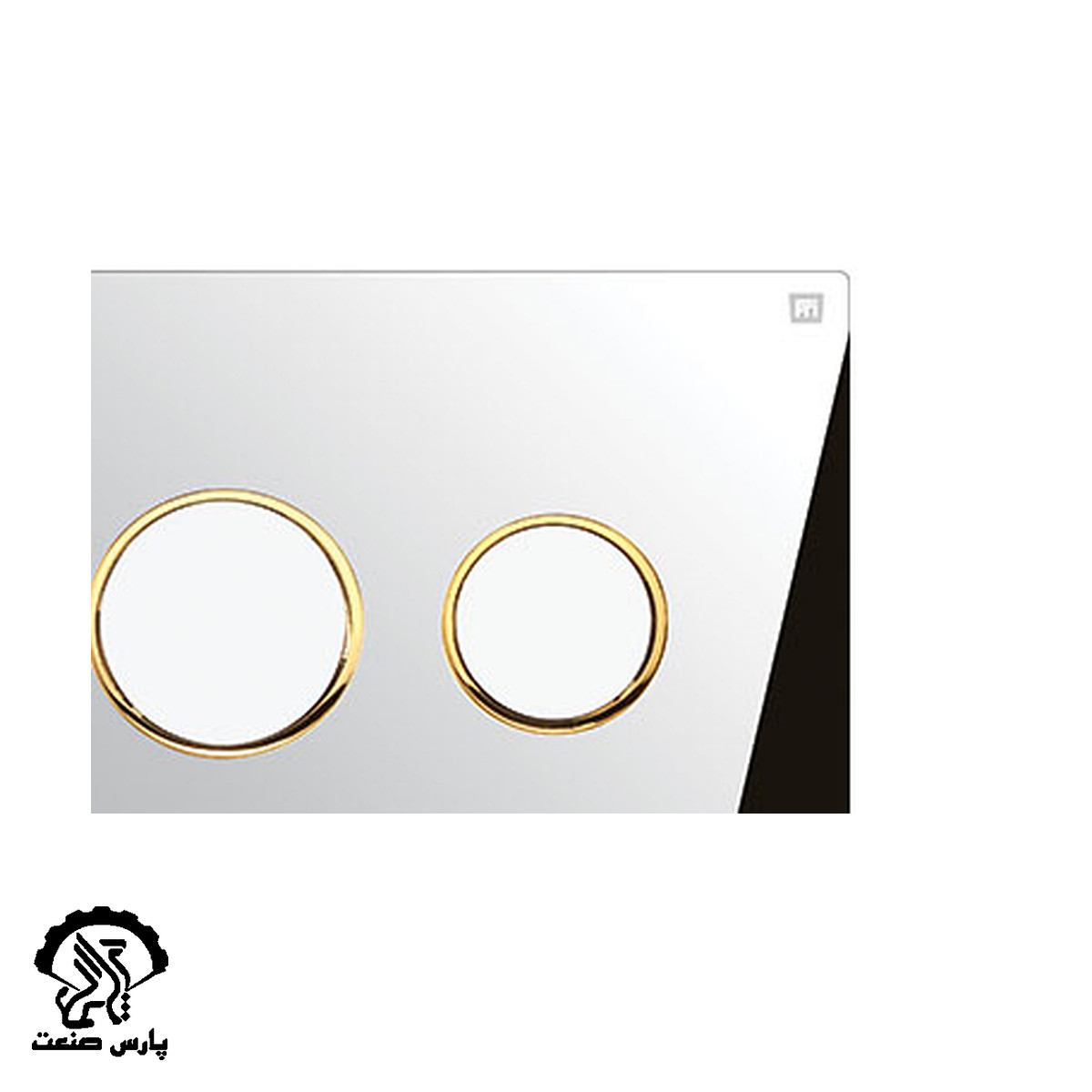 fti-flush-plate-circular-15 کلید تخلیه فلاش تانک توکار فلاش تانک ایران کد 15 مدل گرد رنگ کروم آبکاریشده با رینگ طلایی - Image 1