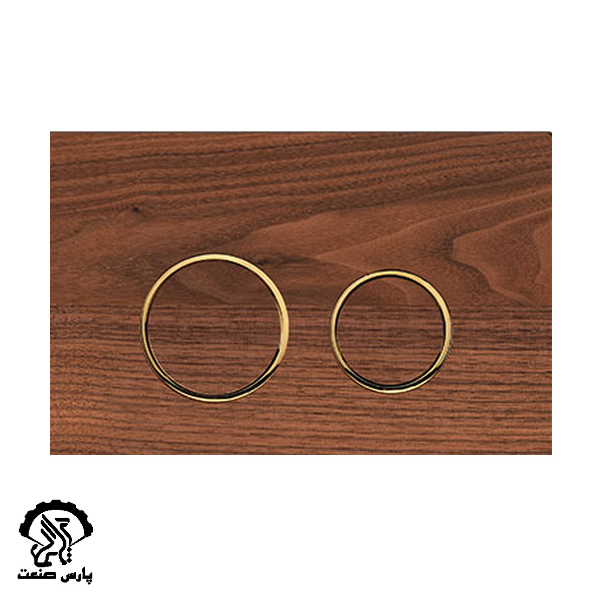 fti-flush-plate-circular-23 کلید تخلیه فلاش تانک توکار فلاش تانک ایران کد 23 مدل گرد طرح روکش طبیعی چوب گردو با رینگ طلایی - Image 1