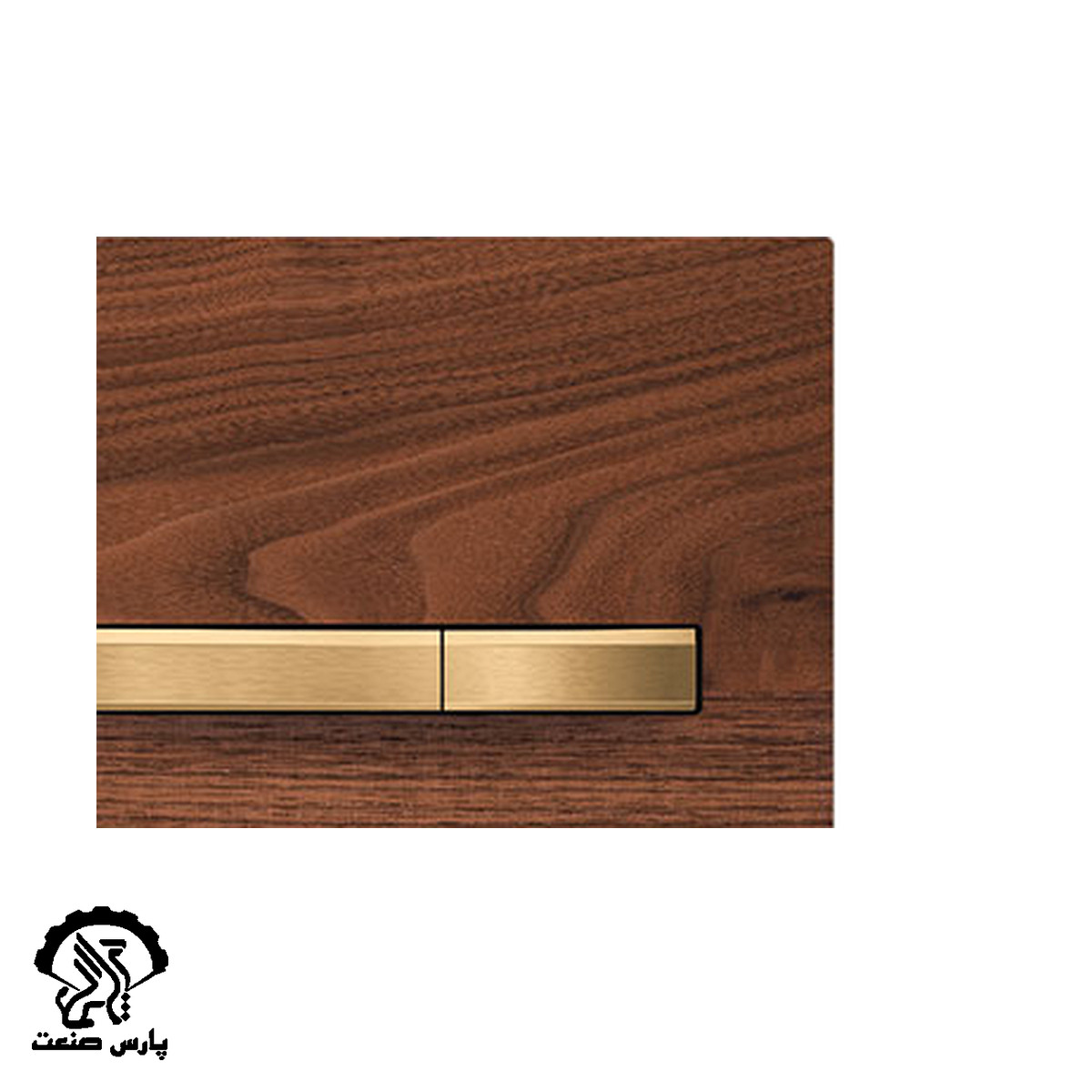 fti-flush-plate-prime-63 کلید تخلیه فلاش تانک توکار فلاش تانک ایران کد 63 مدل پرایم طرح روکش طبیعی چوب گردو با دکمه طلایی - Image 1